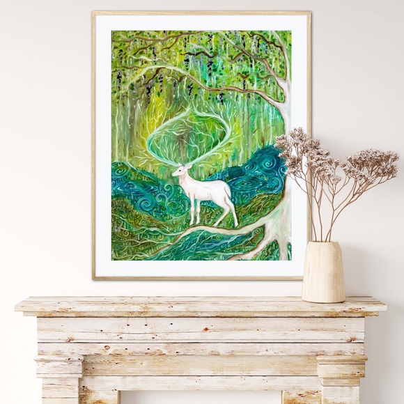 Sacred Stag Healing Forest Art Print Oil Painting whimsical fantasy fairycore - Picture 5 of 7